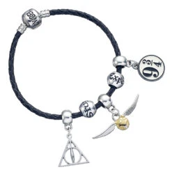HARRY POTTER - Bracelet En Cuir + 3 Charmes + 2 Perles - Plaqué Argent